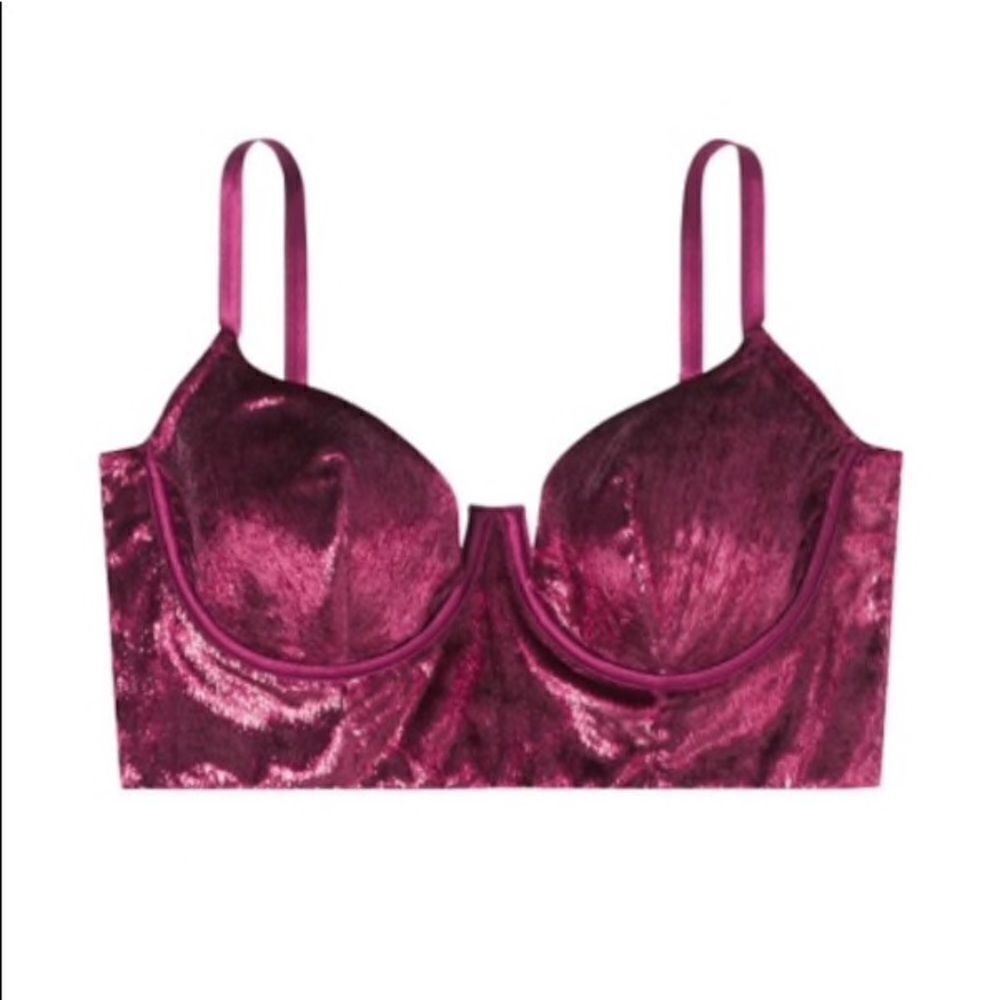 Victoria’s Secret sexy shimmer velvet long bra bustier burgundy 36C